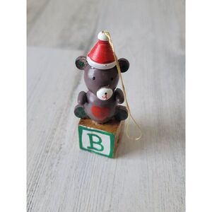 Vintage wooden Teddy Bear Block Christmas hat ornament Xmas decor